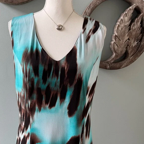 Sleeveless Teal & Brown Print V-neck Dress size - Picture 3 of 6